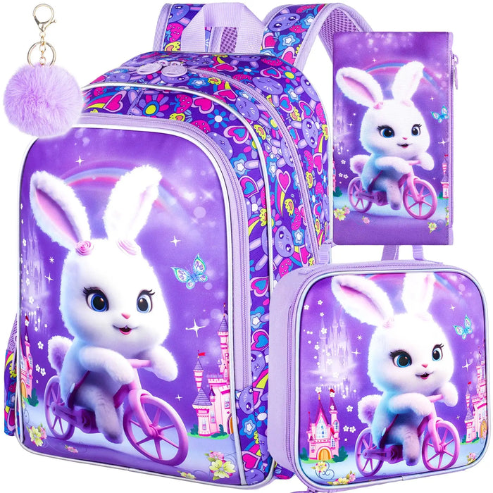 3 Piece Girls Backpack Set 16 Inch Rabbit Design For Elementary School