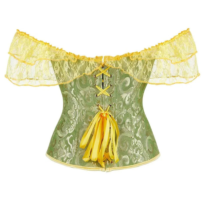 Brown Steampunk Corset With Front Busk Closure Floral Lace And Puff Sleeves