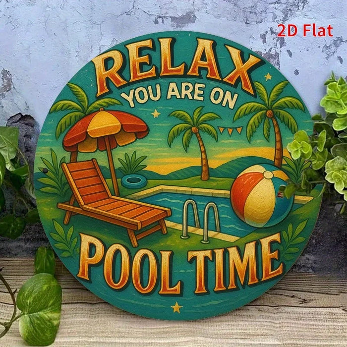 Vintage Pool Time Metal Sign Palm Trees & Lounge Chairs