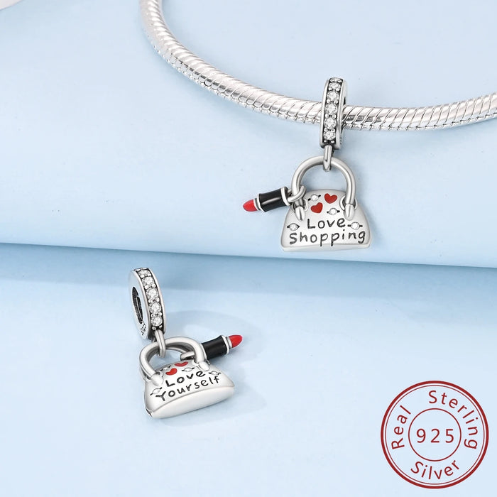 925 Sterling Silver Lipstick Charm Pendant Fits Bracelet Women Diy Gift
