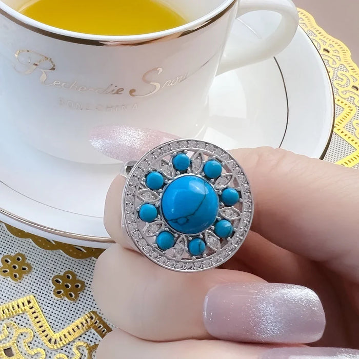 925 Sterling Silver Blue Ornament Ring Glam Fashion Jewelry For Women