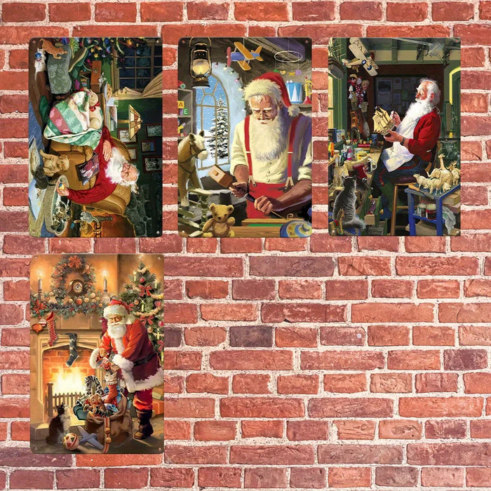 Santa Claus Metal Sign 4Pc Christmas Decor Set