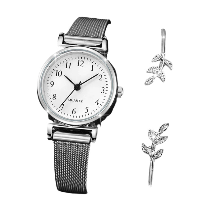 2 Piece Arabic Dial Quartz Watch Set Steel Mesh Band Cuff Bracelet