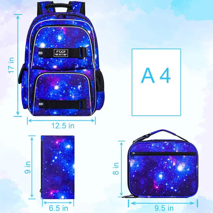 3 Piece Galaxy Backpack Set For Teens 17 Inch Laptop Water Resistant With Lunch Box