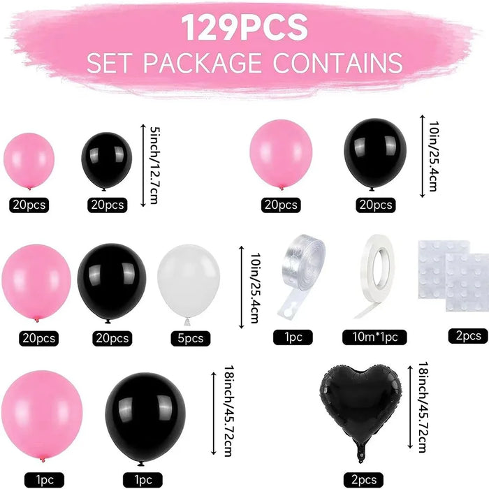 129Pcs Pink Black Theme Balloon Garland Arch Set Birthday Party Wedding Anniversary Celebration Room Interior Decoration