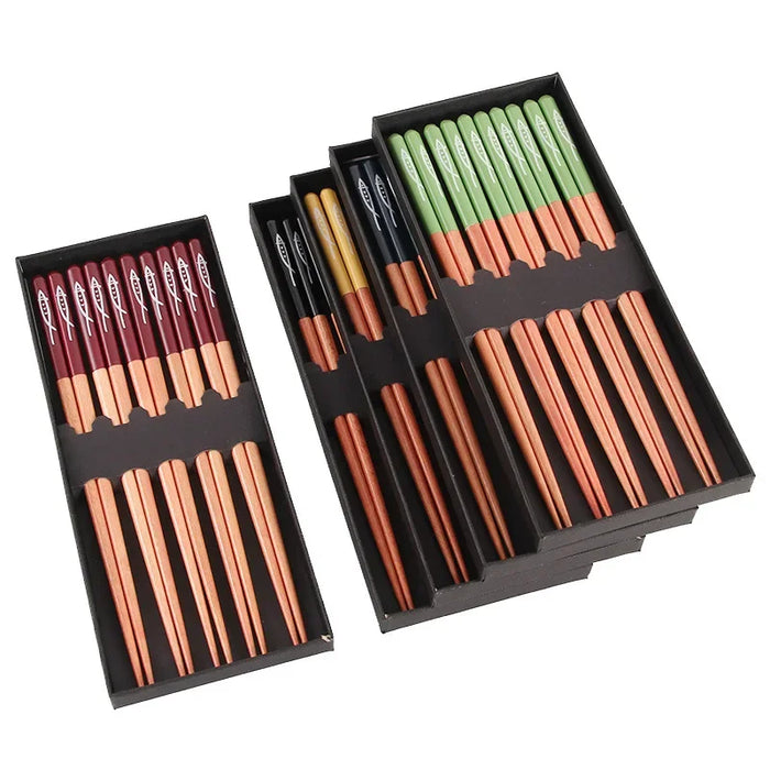 5 Pairs Wooden Chopsticks Set Non Slip Multi Colour Gift Box