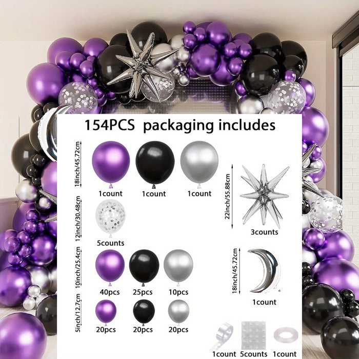 154Pcs Metal Purple Balloon Arch Kit Silver Moon Balloon Birthday Party Anniversary Engagement Graduation Ceremony Decoration