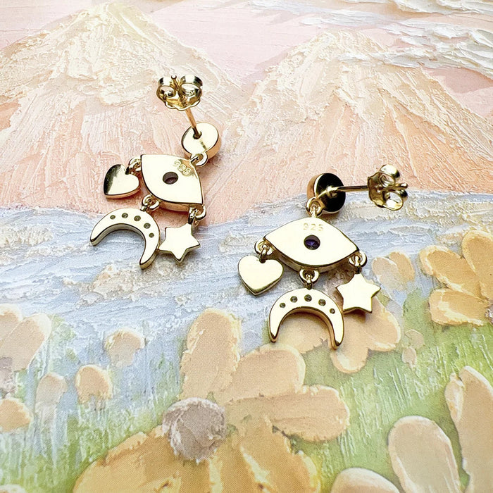 925 Sterling Silver Boho Cosmic Talisman Earrings Eye Star Moon Heart Drops European Style Fine Jewelry For Women