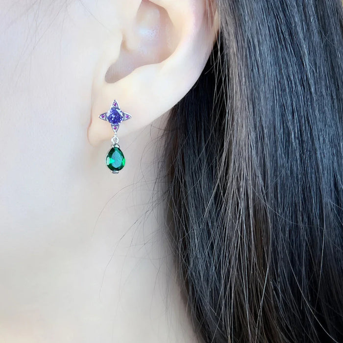 925 Sterling Silver Green Drop & Purple Star Studs Boho Gift