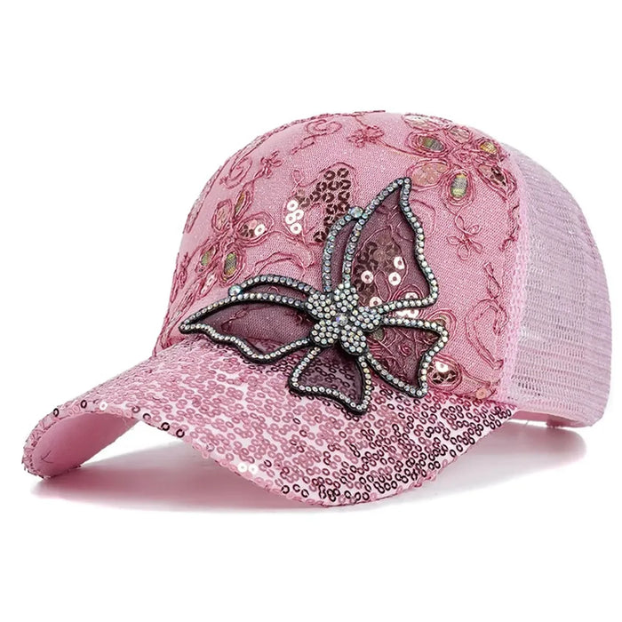 Glitter Butterfly Lace Baseball Cap Adjustable Sun Hat For Spring / Summer