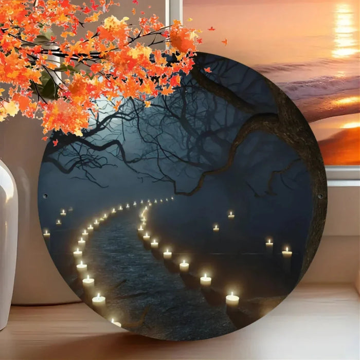 2D Printed Spooky Forest & Pumpkin Round Sign Home Bar Windows Garden