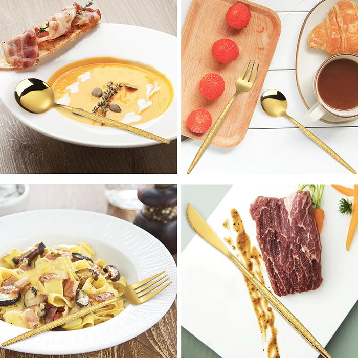 30 Piece Gold Hammered Stainless Steel Cutlery Set Dishwasher Safe