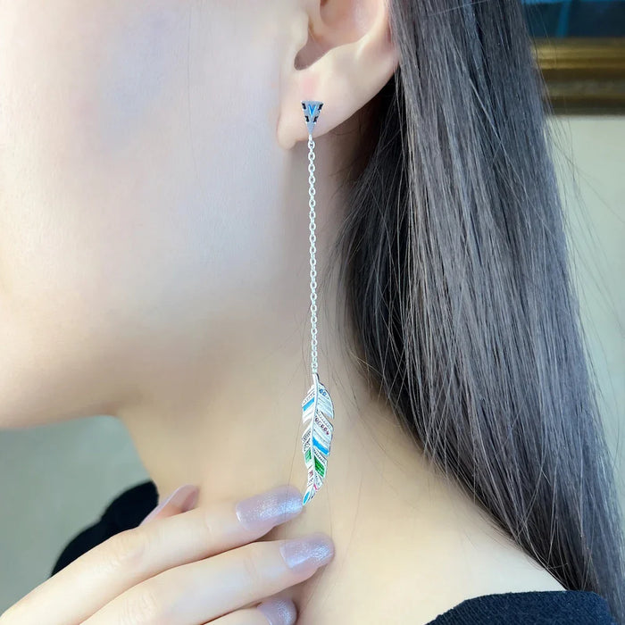 925 Sterling Silver Colourful Feather Drop Earrings For Women Autumn Jewelry