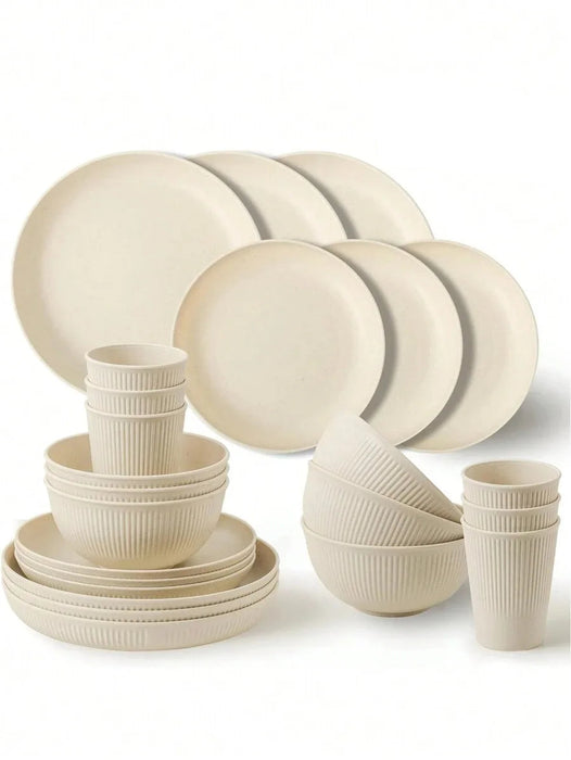 4 / 16 / 24 Piece Reusable Plastic Dinnerware Set For Camping Picnic Dorm Beige