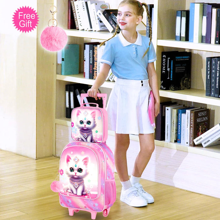 3 Piece Girls Rolling Backpack Set With Lunch Bag Cat