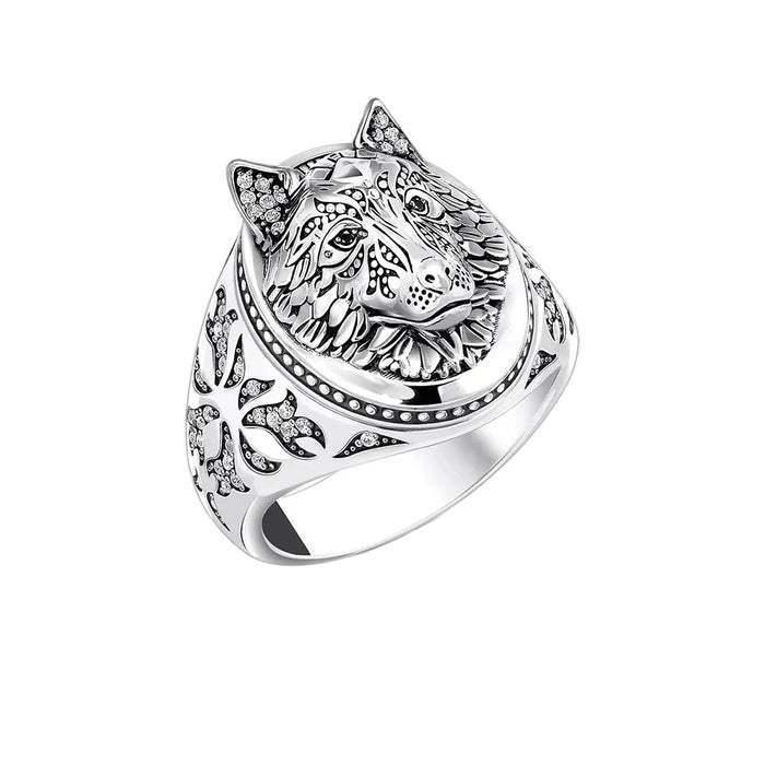 925 Sterling Silver Vintage Blackened Wolf Face Ring Men / Women