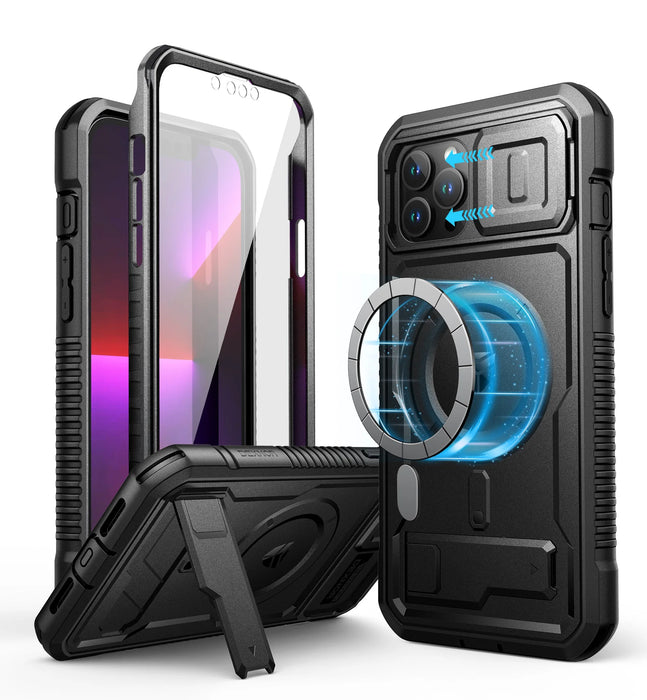 For Iphone 13 Pro Max Full Body Rugged Armor Shockproof Magnetic Case With Camera Case And Built-In Screen Protector Kickstand