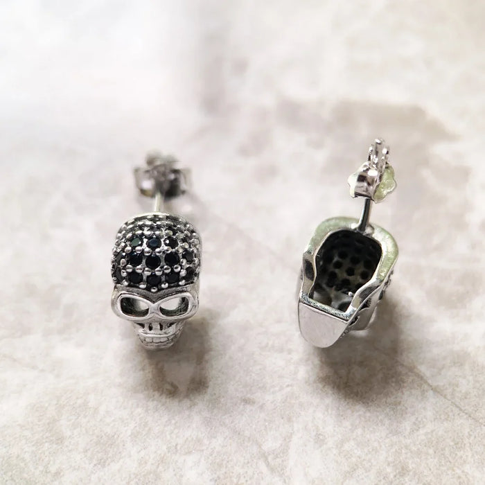 925 Sterling Silver Skull Pave Stud Earrings Unisex Gift