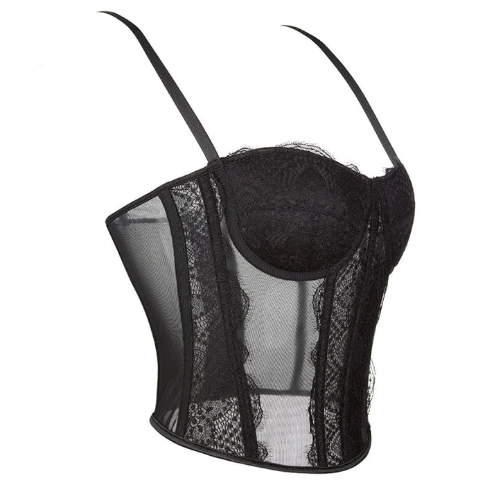 Mesh Lace Plus Size Corset With Spaghetti Straps & G-String 9 Plastic Bones Hook Adjust S-Xxxl