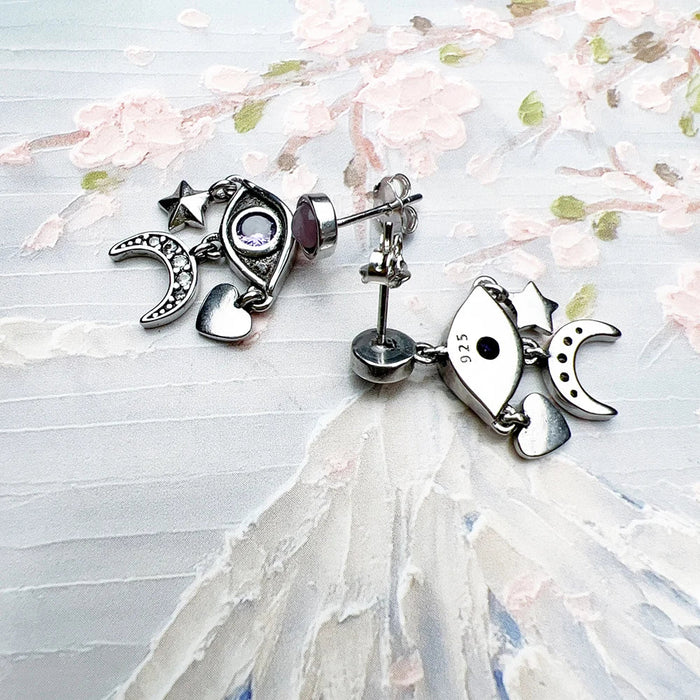 925 Sterling Silver Stylised Eye Moon Star Heart Earrings Feminine Talismans