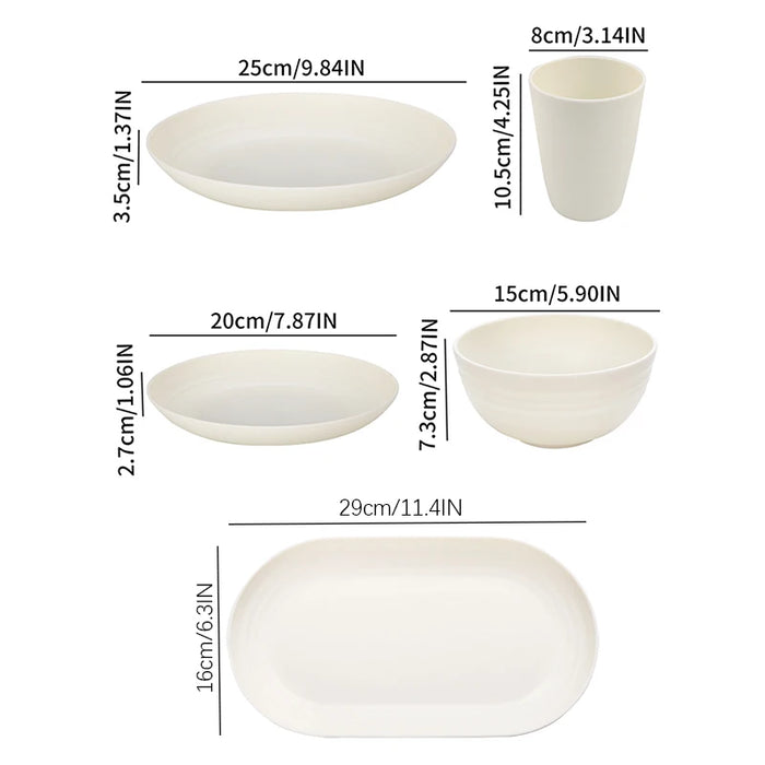 4 / 16 Piece White Plastic Tableware Set Plates Bowls Cups Fruit & Dessert