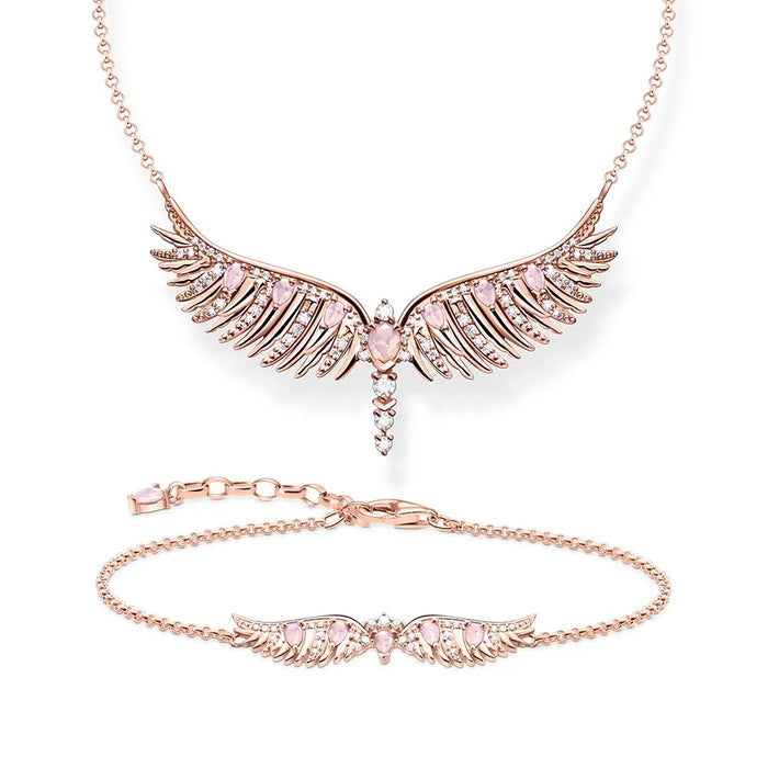 925 Sterling Silver Rose Gold Phoenix Wing Jewelry Set Necklace & Bracelet For Women