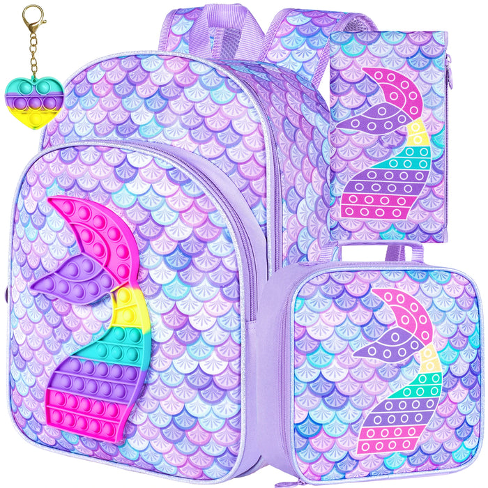 3 Piece Mermaid Backpack Set For Girls 16 Inch Bookbag Lunch Box