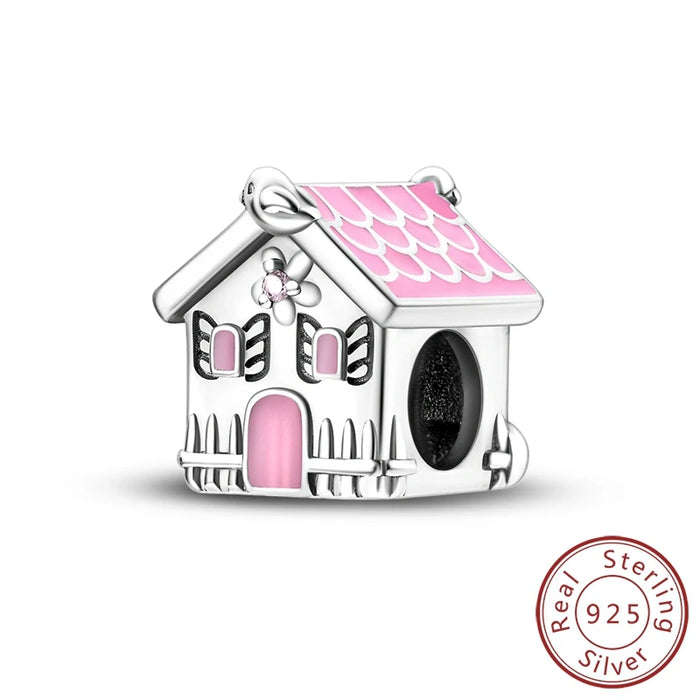 925 Sterling Silver Pink House Bead Charms Fits Bracelet Diy Gift