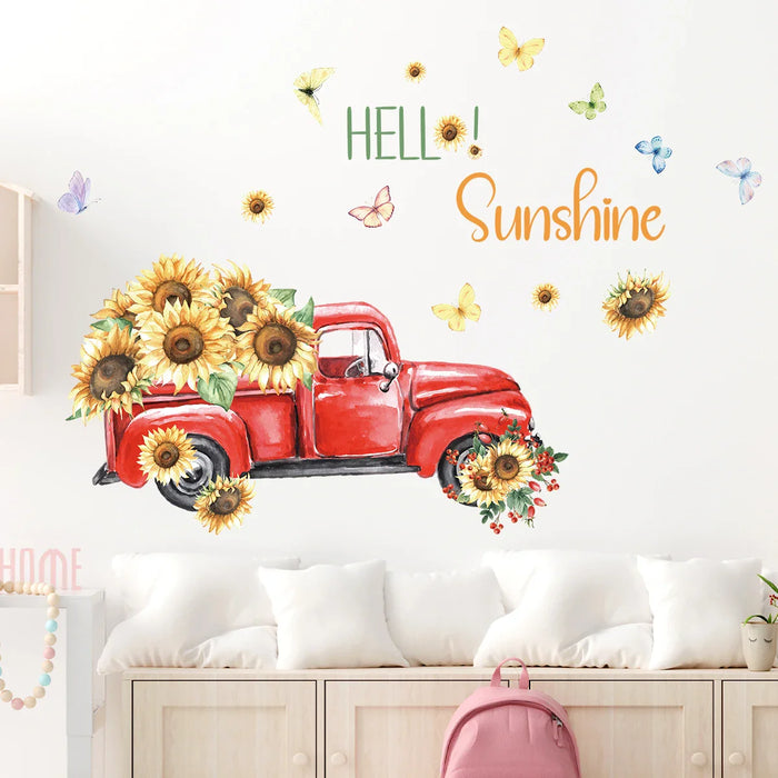 Watercolour Pickup Truck Sunflower Wall Stickers Removable Pvc Living Room Decor