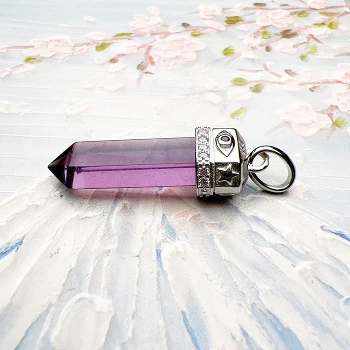 925 Sterling Silver Imitation Amethyst Crystal Pillar Pendant Cosmic Talisman For Women