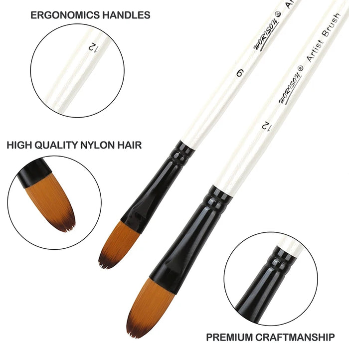 12 Piece Round Filbert Paint Brush Set For Acrylic Oil Watercolour Gouache Synthetic Nylon