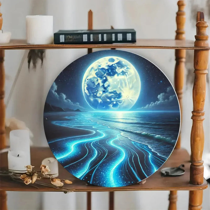 8 Round Metal Tin Sign Ocean Sky & Full Moon Wall Art With Blue Waves & Starry Night Design