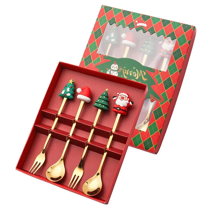 4 / 6 Piece Christmas Coffee Spoons & Forks Set Stainless Steel Red / Green Gift Box Kids' Gifts