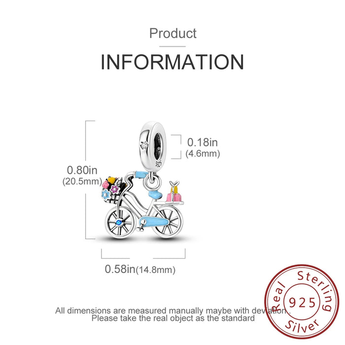 925 Sterling Silver Flower Bicycle Pendant Fits Bracelet
