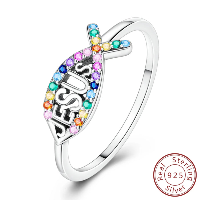 925 Sterling Silver Jesus & Fish Ring Coloured Zirconium Luxury Bands For Women Party Anniversary Wedding Gift
