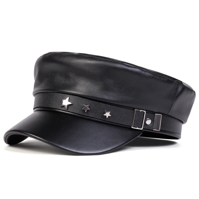 Unisex Pu Leather Military Hat With Star Buckle Flat Top Cadet Cap For Women Outdoor Sports Sunscreen Hat