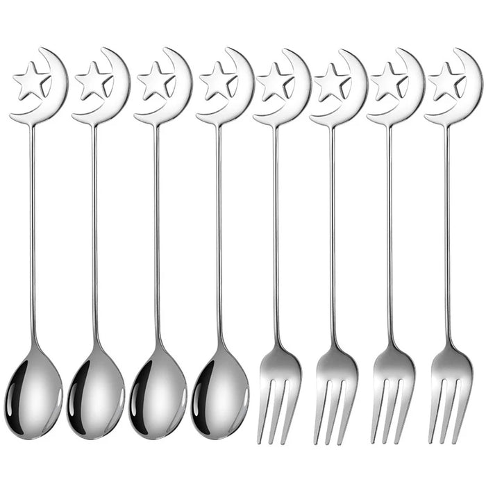 4 / 8 Piece Stainless Steel Star Moon Spoon & Fork Set For Coffee & Dessert