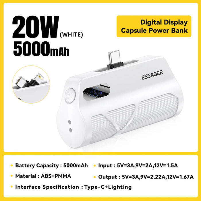 Mini Capsule Power Bank 5000Mah Pd 20W Fast Charging For Iphone 16 15 14 Xiaomi Samsung Portable Mobile External Battery