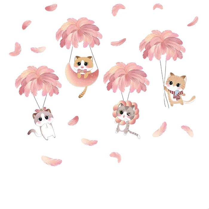 Hand Painted Feather Balloon Cats Wall Stickers For Kids Room