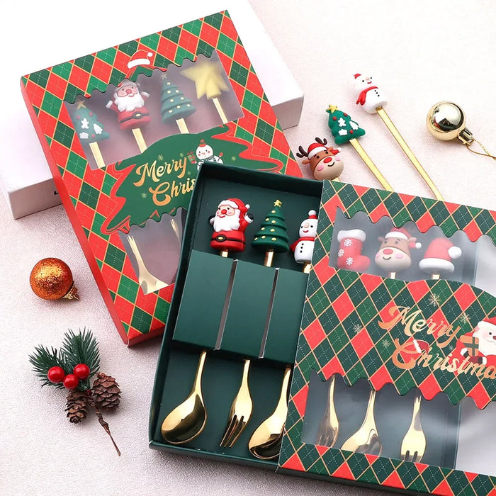 Christmas Cutlery Set 4 / 6 Piece Elk Tree Snowman Design Spoons Forks Tableware Gift