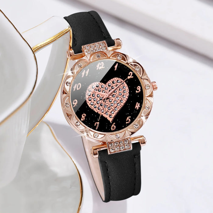 6 Piece Heart Rhinestone Watch Bracelet Set