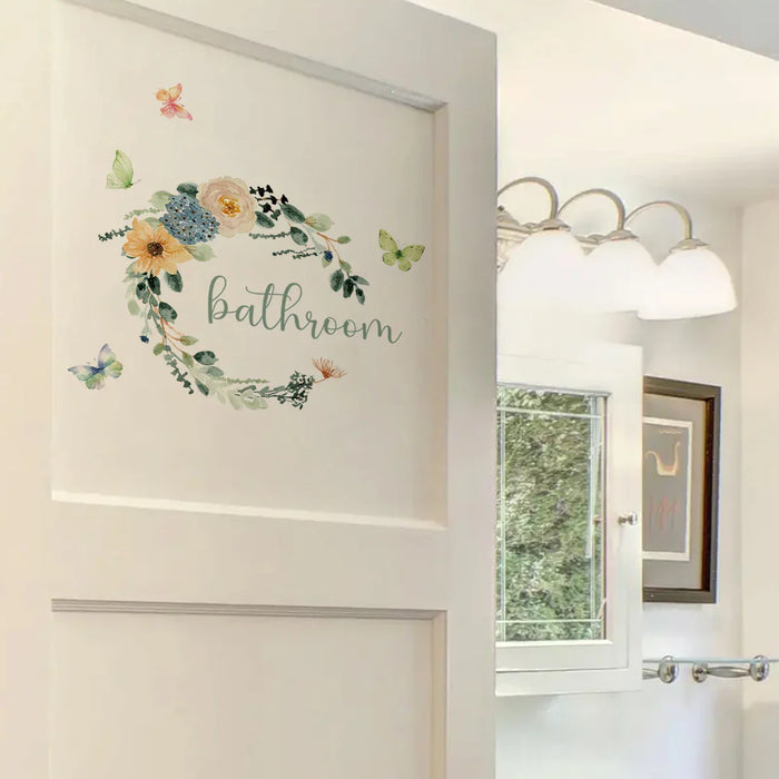 Watercolour Flower Wreath Butterfly Wall Stickers For Bathroom Decor