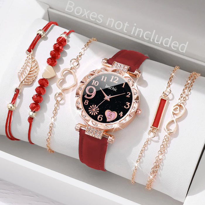 6 Piece Heart Dial Leather Band Watch Set