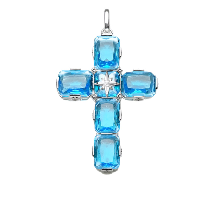 925 Sterling Silver Large Aquamarine Cross Pendant With Star Detail Gift For Women