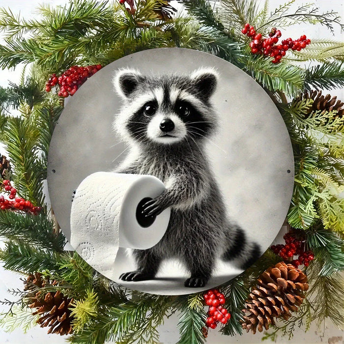 Round Raccoon Metal Wall Art 2D Printed Animal Decor For Home Office Garden & Patio