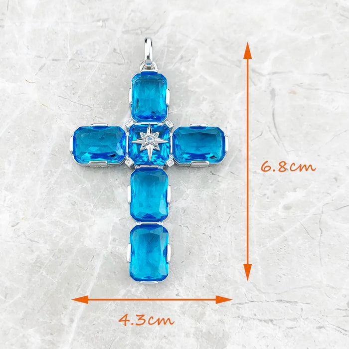 925 Sterling Silver Large Aquamarine Cross Pendant With Star Detail Gift For Women