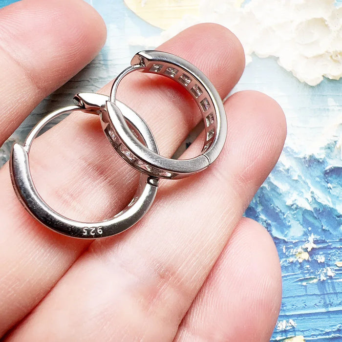 925 Sterling Silver Hinged Hoop Earrings With White Zircon Stones Romantic Gift For Women