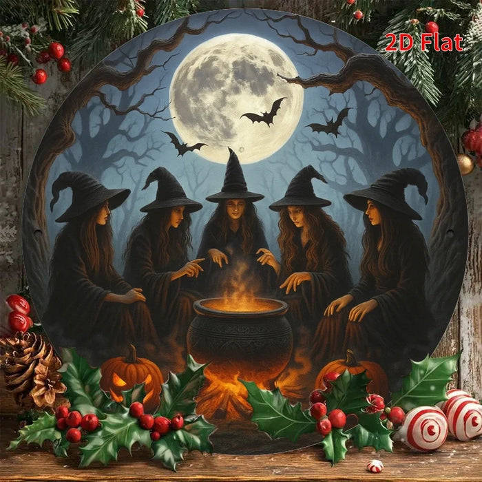 Retro Round Iron Sign Witch Party & Magic Stew Pot For Bedroom Dining Or Living Room