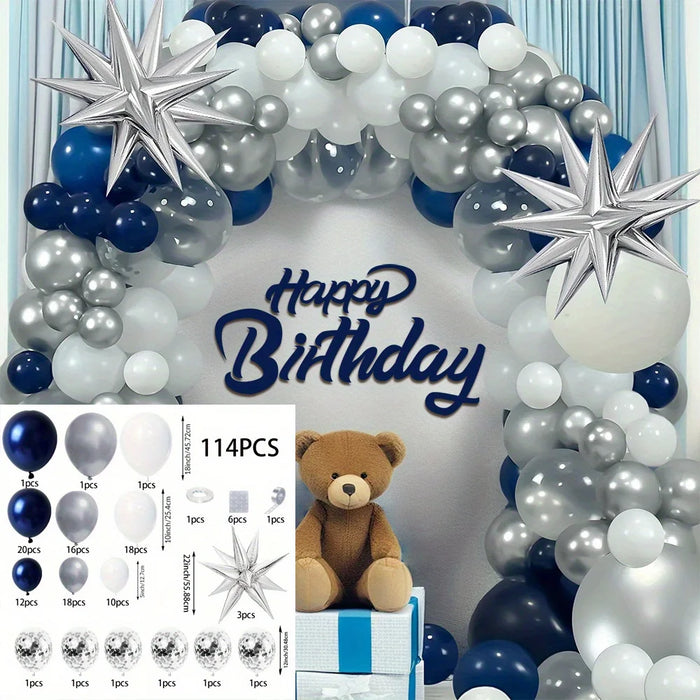 114Pcs Birthday Balloon Arch Set Ink-Blue 18-Inch Silver Exploding Star Birthday Party Outdoor Party Universal Decoration House