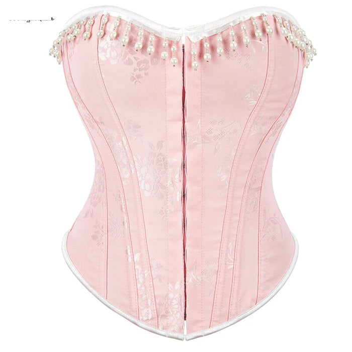 Floral Jacquard Lace Up Boned Victorian Corset With Beading And Tassel Detail Adjustable Hook And Eye Closure